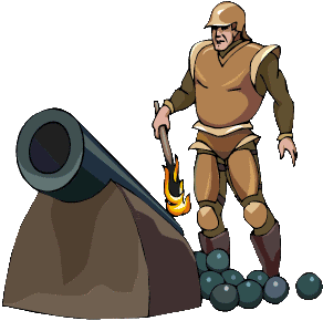 A gunman amidst a large cannon with cannon balls at his
feat. He is ready to touch a lite to the touch whole - Stand clear.