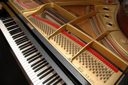A closeup view of a grand piano keyboard
with the piano lid open